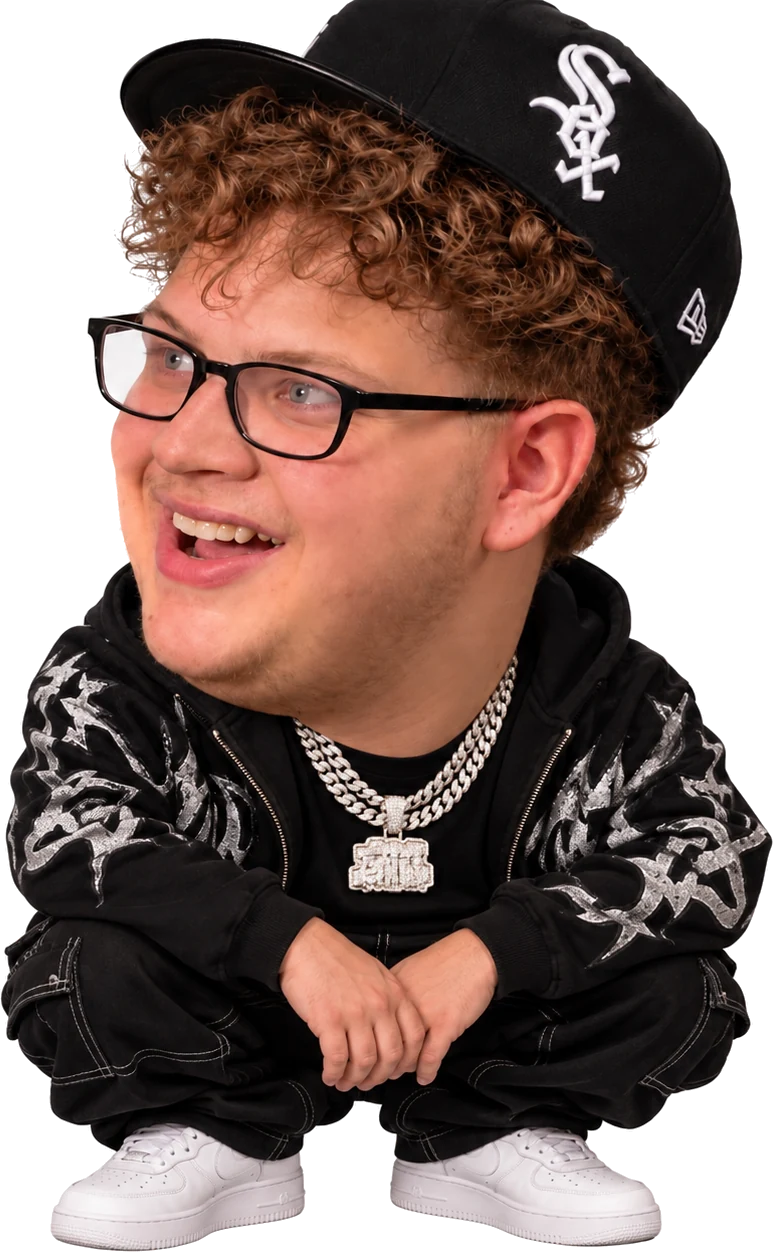 Orangie: ginger curls, Sox cap, glasses, iced-out chain