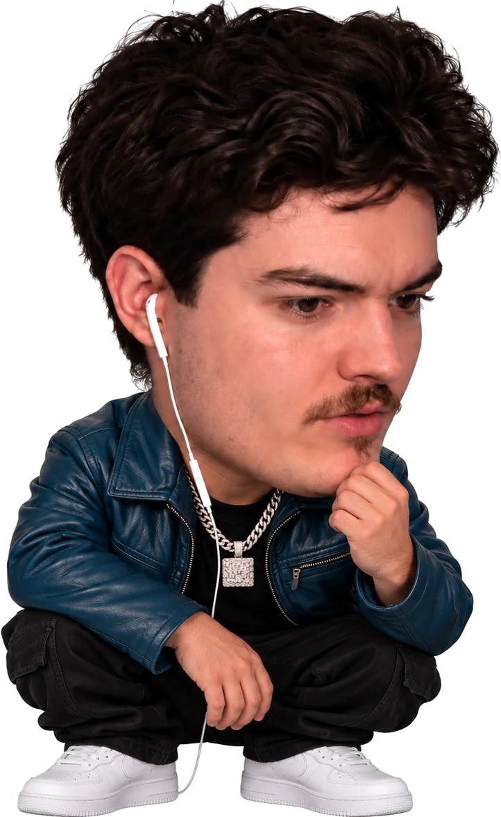Duve: dark hair, mustache, blue leather jacket, wired earbuds
